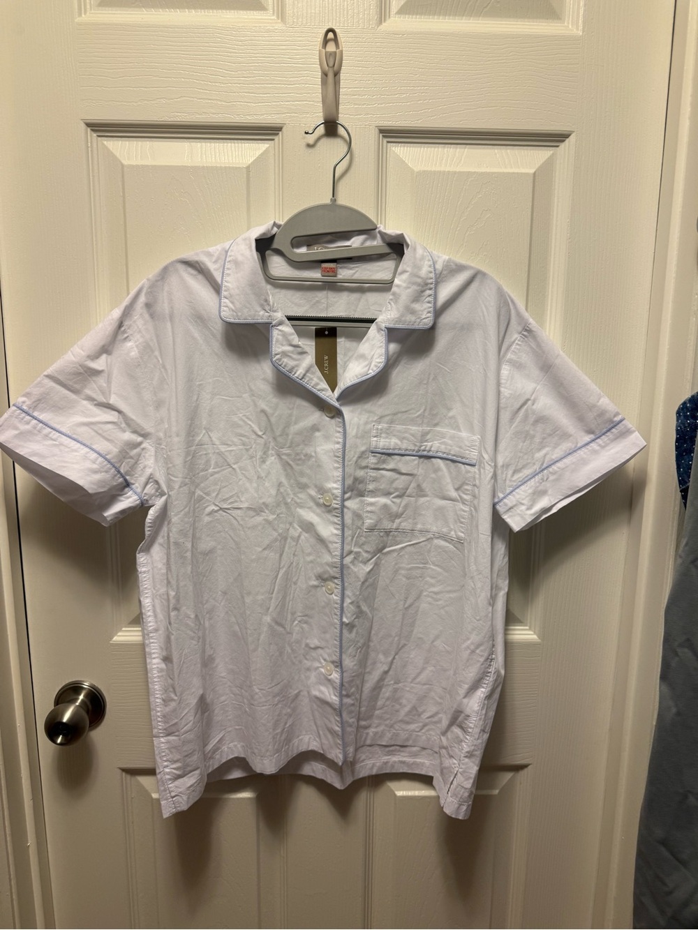 J. Crew White Short-Sleeve Pajama Top with Light Blue Piping